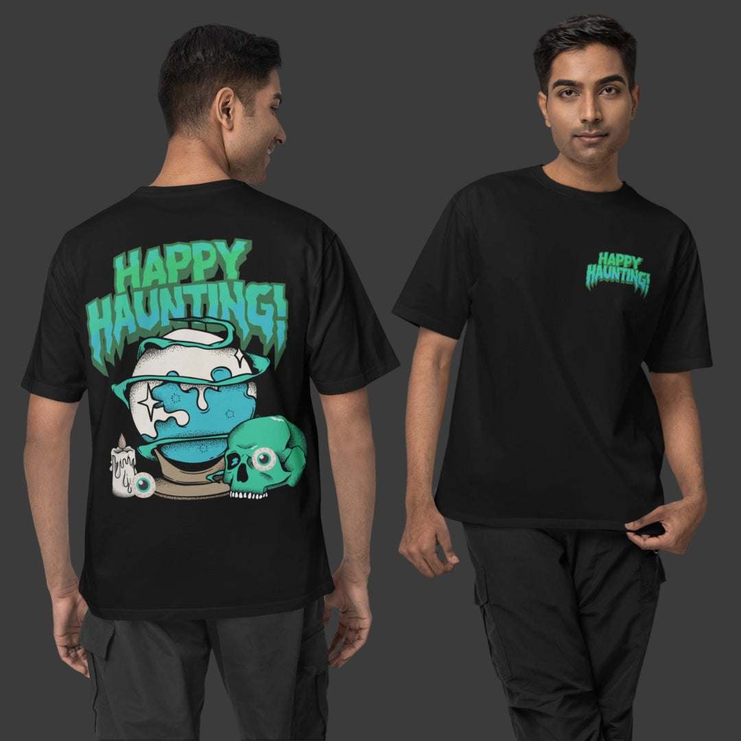 Men's Black Happy Hunting Oversized T-Shirt - Faztroo
