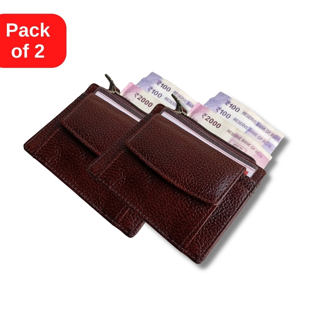 Faztroo Micro Card Holder Leather Wallet for Men & Women (Pack of 2), 2 Brown