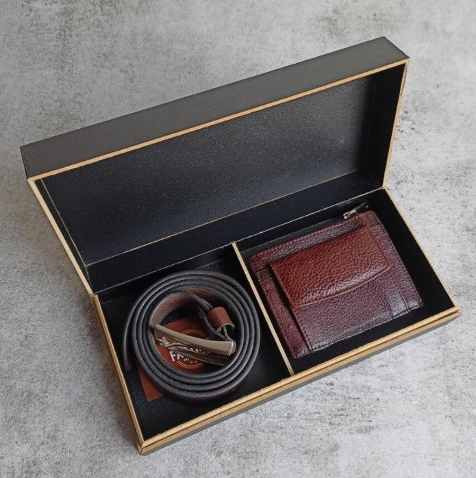Micro Leather Wallet & Belt Combo - Brown - Faztroo